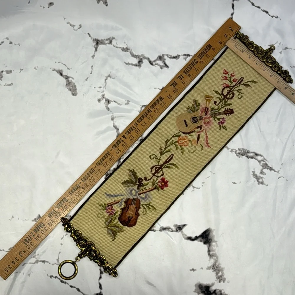 Vintage Petit Point Bell Pull Needle Point Velvet Backed Musical & Floral Design